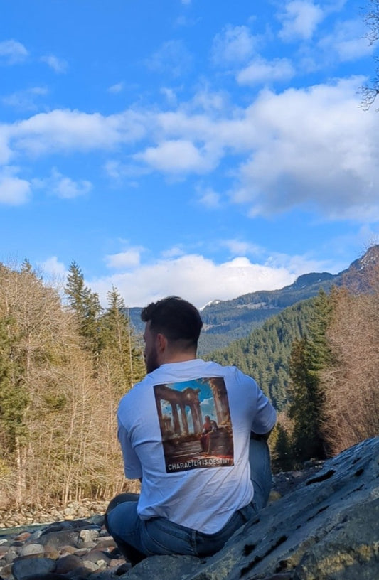A photograph of a model sat on some rocks in the Canadian wilderness looking off into the mountains wearing the "Character is Destiny" tee.